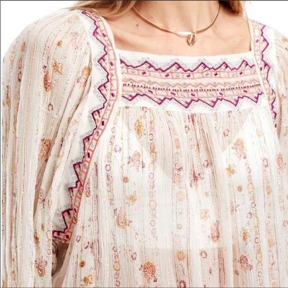 Free People Dance Magic Sheer Tunic Top Size Small Ivory Boho Embroidered Casual - Picture 4 of 13
